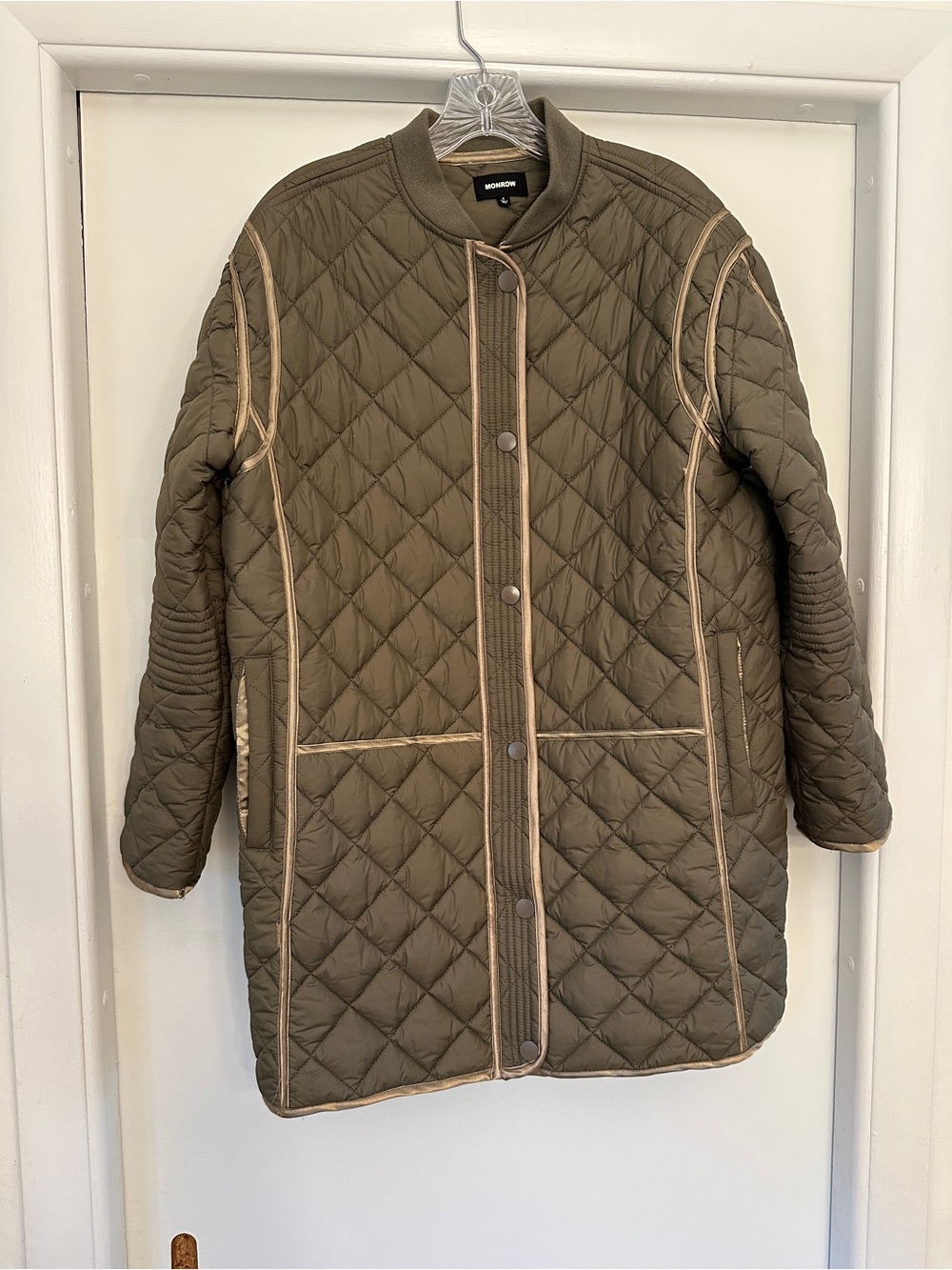 Monrow Olive Quilted Longline Puffer with Gold Piping
